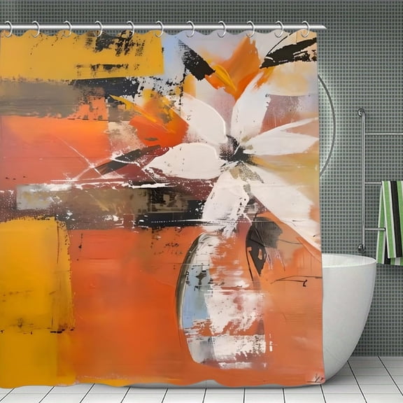 Abstract Orange Collage Print Shower Curtain,Modern Fabric Waterproof Shower Curtain Set with Hooks,70.8×70.8Inch