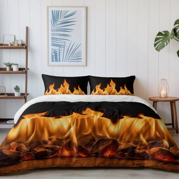 Abstract Orange Flame on Black California King Size Bed Set,Flickering Fire Pattern Bedding for All Seasons,4 Pcs Bed Set with 1 Quiltcover (96"x104"),1 Sheet (110"x98"),2 Pillowcases (20"x36")