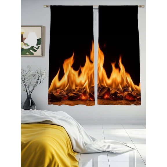 Abstract Orange Flame on Black Chiffon Sheer Curtains 63 Inches Long Flickering Fire Pattern Rod Pocket Window Curtains Voile Drapes Curtains for Living Room Bedroom,2 Panels