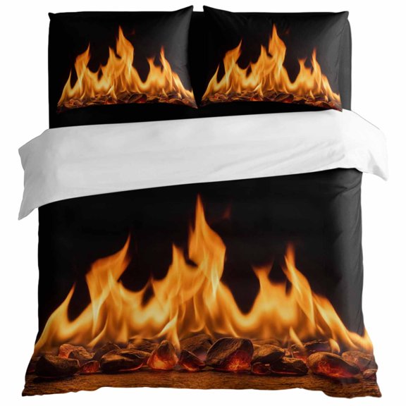 Abstract Orange Flame on Black King Size Bed Set,Flickering Fire Pattern Bedding for All Seasons,4 Pcs Bed Set with 1 Quiltcover (104"x90"),1 Sheet (108"x98"),2 Pillowcases (20"x36")