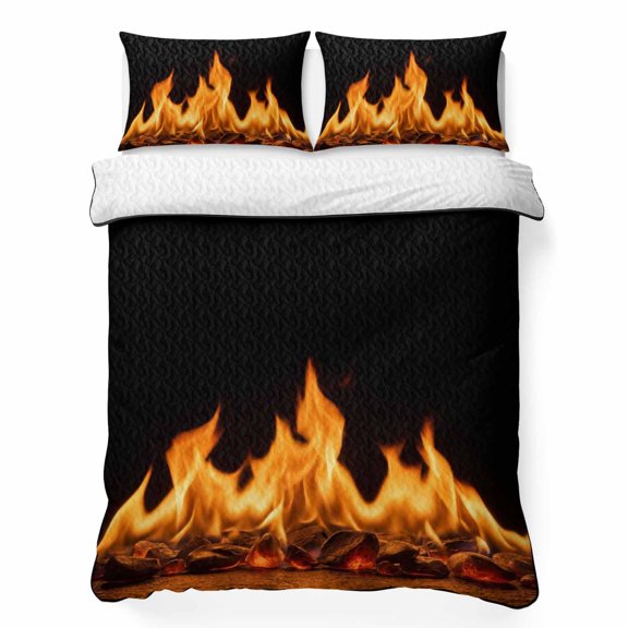 Abstract Orange Flame on Black Quilt Set for King Size, Lightweight Summer Bedspread, Flickering Fire Pattern Soft Coverlet Bedding Set for All Season - 3 Pieces (1 Quilt, 2 Pillow Shams)