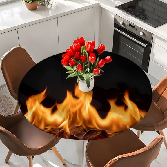 Abstract Orange Flame on Black Round Fitted Tablecloth with Elastic Edge,Waterproof Table Cloth Fits 36"-44"Tables,Wipeable Table Cover for Indoor Outdoor Dinning Party,Flickering Fire Pattern