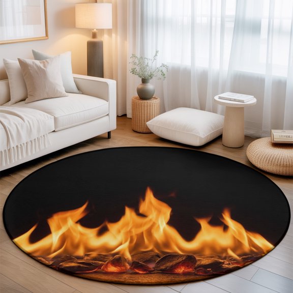 Abstract Orange Flame on Black Round Rug 5ft Flickering Fire Pattern Washable Area Rugs for Living Room Bedroom Entryway Non Slip Entrance Door Mat Indoor Floor Carpet