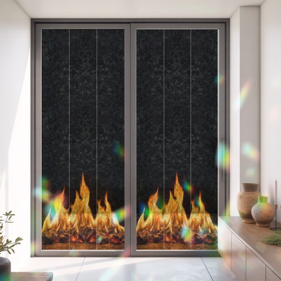 Abstract Orange Flame on Black Window Privacy Film,Decorative Windows Static Cling Flickering Fire Pattern Heat Control Removable Glass Sticker for Home Bathroom Bedroom Window Door,35x79in