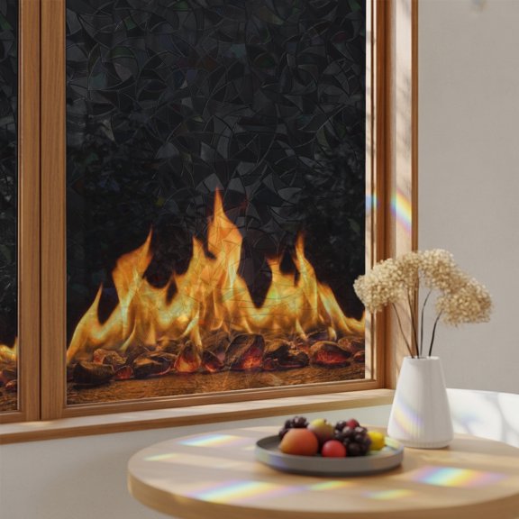 Abstract Orange Flame on Black Window Privacy Film,Heat Control Sun Blocking Static Cling Rainbow Film,Flickering Fire Pattern Non-Adhesive Glass Sticker Door Window Tint,23.6" x 59"