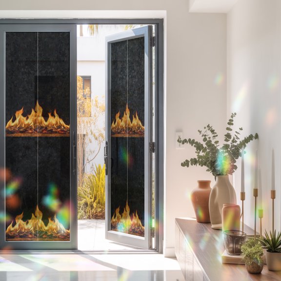 Abstract Orange Flame on Black Window Privacy Film, Rainbow Film Decorative Window Sticker 23.6x78.7in, Flickering Fire Pattern Sun Blocking Static Stained Glass Cling Tint Non-Adhesive