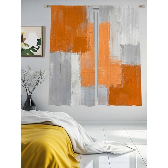 Abstract Orange Gray Color Block Chiffon Sheer Curtains 63 Inches Long Modern Oil Painting Texture Rod Pocket Window Curtains Voile Drapes Curtains for Living Room Bedroom,2 Panels