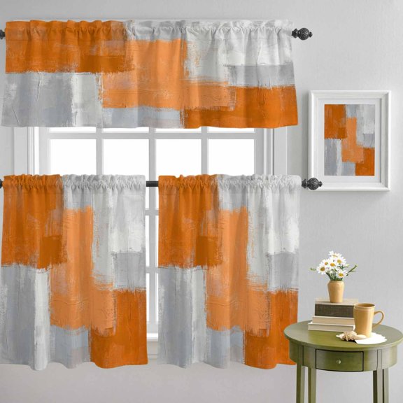Abstract Orange Gray Color Block Curtain Tier and Valance Set 3 Piece, Modern Oil Painting Texture 3-inch Rod Pocket Window Tier Curtains Valance for Kitchen Living Room