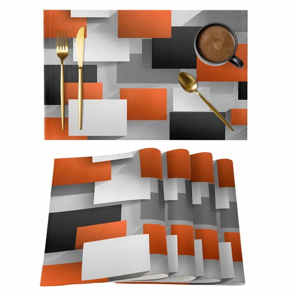 Abstract Orange Gray Color Block Placemats Set of 6,Wipeable Washable Table Mats for Dining Tables, Modern Geometric Art Place Mats for Kitchen Event Party Tabletop Decor