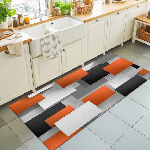 Abstract Orange Gray Color Block Rectangle Area Rug 2x6ft,Living Room Rug Non-Slip Washable Circle Rugs Pad,Modern Geometric Art Soft Floor Carpet for Bedroom Dining Room