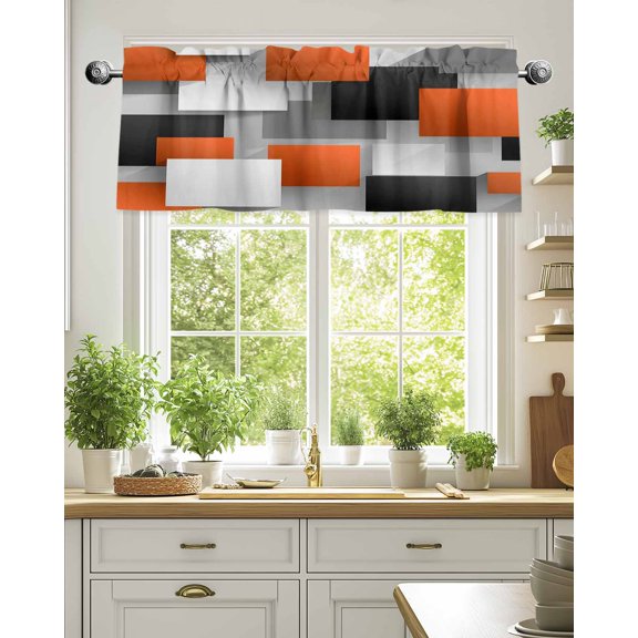 Abstract Orange Gray Color Block Valances for Windows,Kitchen Valance Rod Pocket Short Curtain,Modern Geometric Art Valance Curtain Window Valances for Bedroom Living Room 54x18in