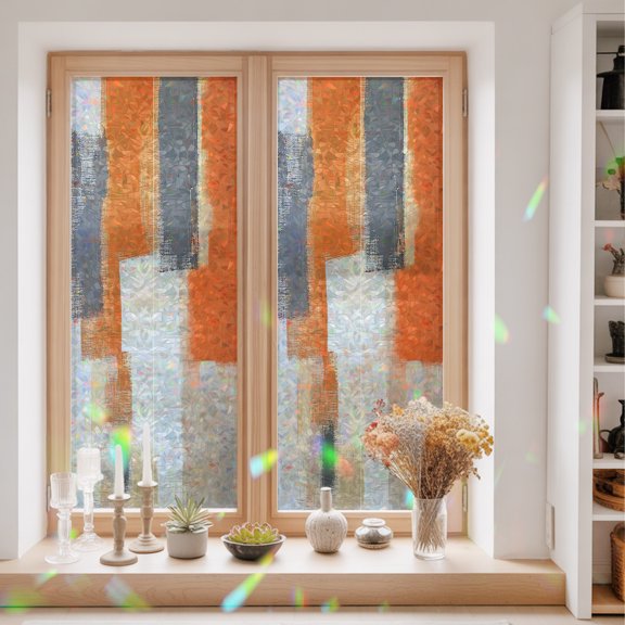 Abstract Orange Gray Square Window Privacy Film,Decorative Windows Static Cling Minimalist Splicing Color Block Heat Control Removable Glass Sticker for Home Bathroom Bedroom Window Door,23.6x59in
