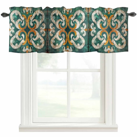 Abstract Orange Green White Flowers Window Valance Curtain Ethnic Floral Rod Pocket Short Curtain for Living Room, Bedroom & Kitchen Window Decor 42x12in
