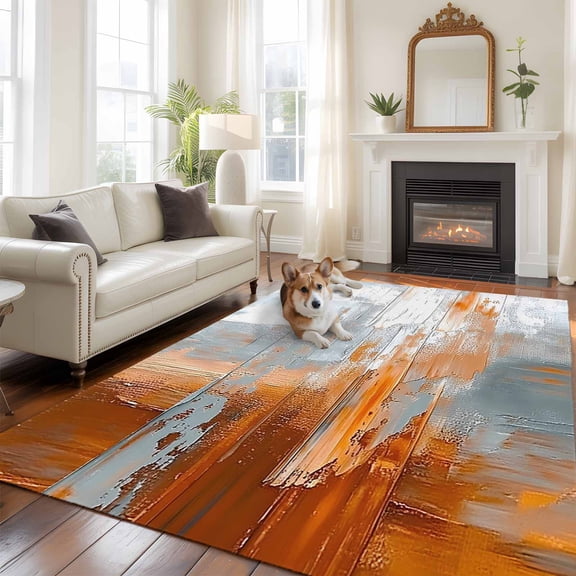 Abstract Orange Grey Area Rug 5x7 FT, Non Slip Bedroom Throw Carpet, Modern Minimalist Street Art Washable Soft Floor Carpet Non-Shedding Rug for Dining Room Bedside Classroom Desk
