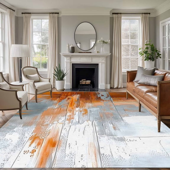 Abstract Orange Grey Area Rug 6x9 FT, Non Slip Living Room Throw Carpet, Modern Minimalist Street Art Washable Soft Large Floor Carpet Non-Shedding Rug for Bedroom Dining Room Play Room