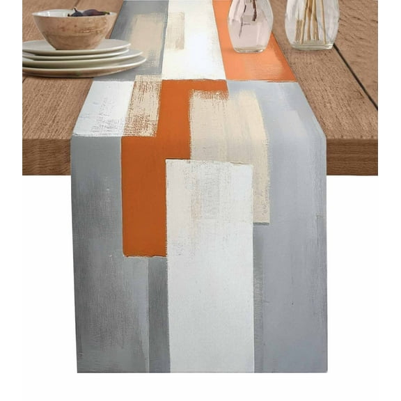 Abstract Orange Grey Burlap Cotton Table Runner 16x72 Inches Long, Vintage Simple Color Blocks Farmhouse Table Runners, Outdoor Dining Tablecloths Decor for Baby Shower/Party/Wedding