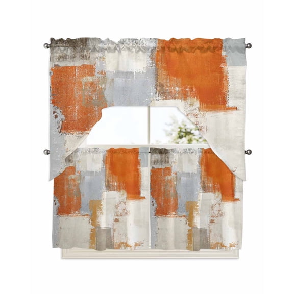 Abstract Orange Grey Kitchen Curtains Swag Valance and Tier Curtains Set 24 Inch Length, Vintage Geometric Oil Painting Art Rod Pocket Drape Panels Pair Swag Curtains for Bathroom/Cafe/Window