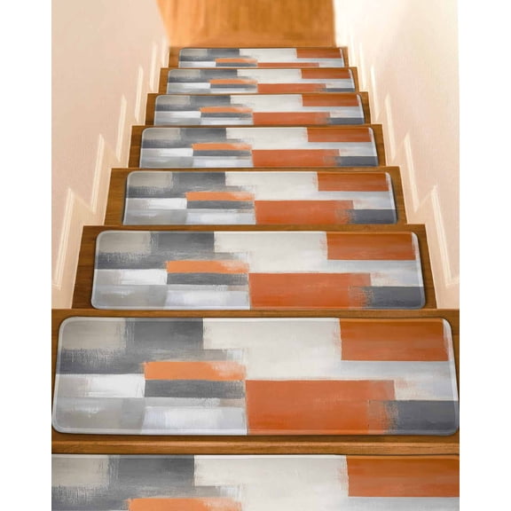 Abstract Orange Grey Stair Treads for Wooden Steps Indoor Runner Rug Carpet, Modern Watercolor Geometric 15 Pieces Peel and Stick Staircase Step Treads Covers Washable Throw Door Mats, 30"x8"