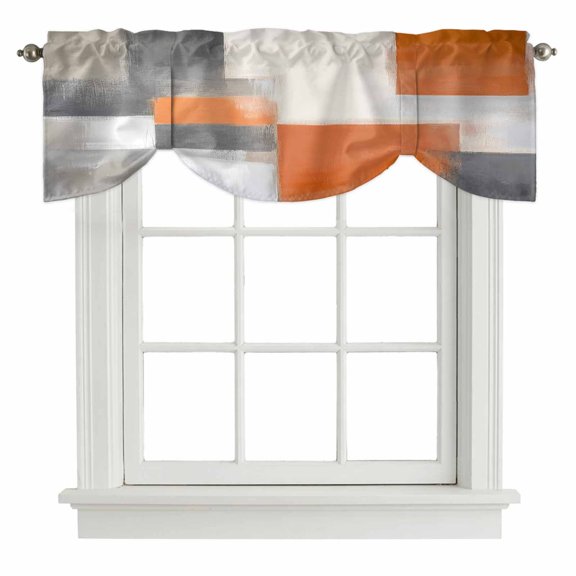 Abstract Orange Grey Tie Up Valance Curtains for Windows, Kitchen Curtains Window Shades, Modern Watercolor Geometric Light Filtering Roman Curtain Valances for Bedroom/Bathroom/Cafe 42"x12"