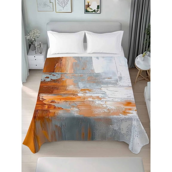 Abstract Orange Grey Twim Size Flat Sheet, Wrinkleproof & Fadeproof Cooling Flat Bed Sheet Only, Modern Minimalist Street Art Breathable Soft Bedding Top Sheets 66 x 96 Inches