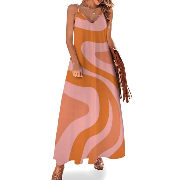 Abstract Orange Pink Wavy Lines Sleeveless Dress Loose Women's Dress Dresses Luxury Evening Dresses