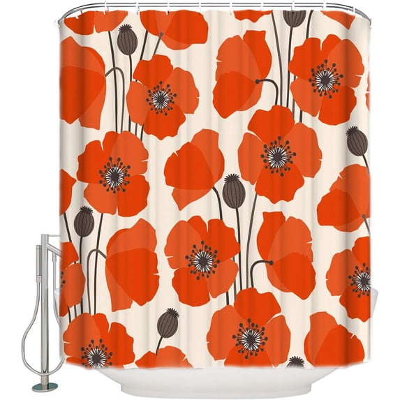 Abstract Orange Poppy Shower Curtain Set with Hooks, Nature Flower Plant Waterproof Fabric Bath Curtains Decoration Bathroom Standard Size 72x72inch