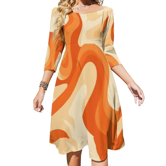 Abstract Orange Swirl Art Print Sweetheart Knot Flared Dress Fashion Design Large Size Loose Dress Spring Summer Women Dress