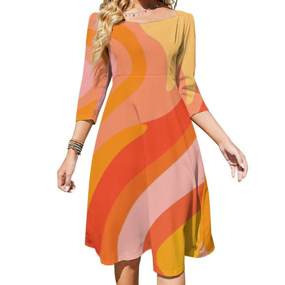 Abstract Orange Swirl Pattern Design Flare Dress Square Neck Dress Elegant Female Fashion Printed Dress