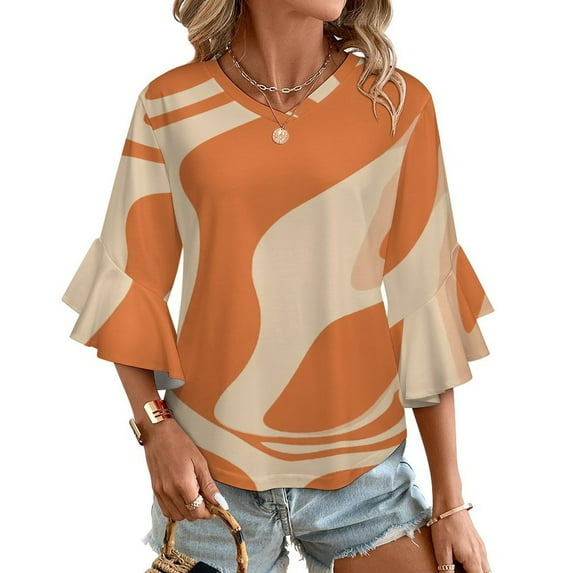 Abstract Orange Swirl Pattern Design Women's V-Neck Blouse With 3/4 Ruffled Bell Sleeves Casual Top Ladies Blouses