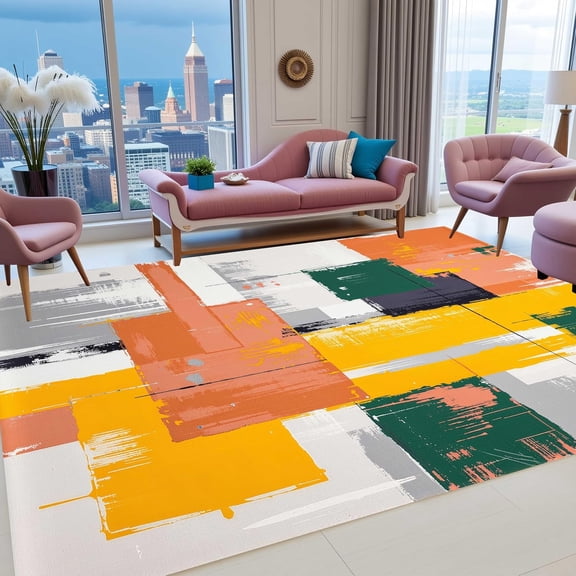 Abstract Orange Yellow Green Pattern Area Rug, Minimalist Modern Design Carpet, Washable Non Slip Soft Wool, Living Room Bedroom Dining Room Office Mat 2x3ft