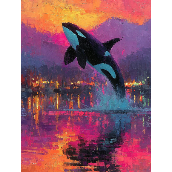 Abstract Orca Jump Canvas Art, Sunset Ocean Killer Whale Painting, Underwater Marine Wall Decor