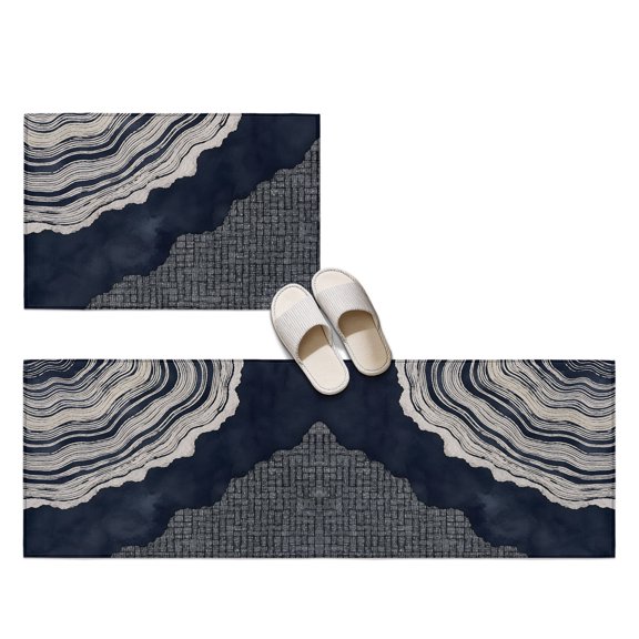 Abstract Organic 2 Pieces Non-Slip Kitchen Mat Set, Boho Navy Blue Gray Agate Slice Rings Coastal Soft Door Mat with Rubber Backing, Dirtproof Rugs for Entrance Doorway, 23.6x35.4in+23.6x70.9in