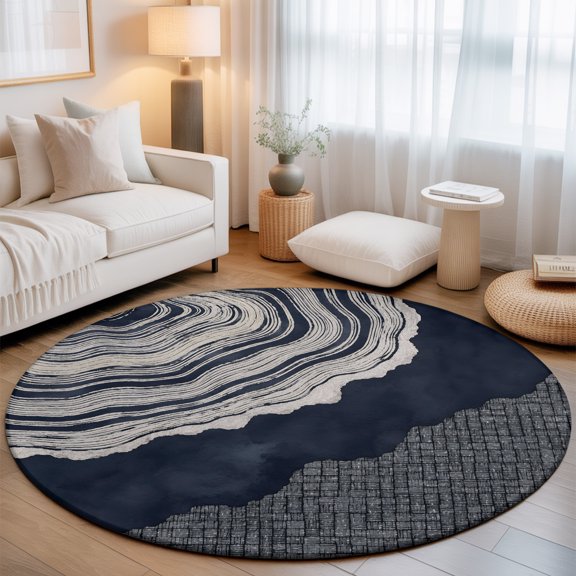 Abstract Organic 7' Round Rugs for Living Room Conversation Area, Boho Navy Blue Gray Agate Slice Rings Coastal Washable Non Slip Large Circle Area Rug Under Dining Table