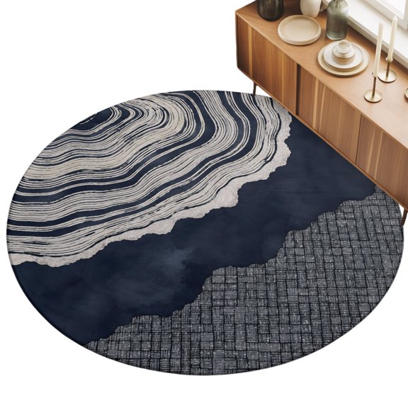 Abstract Organic Area Rug, Boho Navy Blue Gray Agate Slice Rings Coastal Non-Slip Felt Rubber Backing Round Indoor Carpet Washable Rugs for Living Room Bedroom 3ft