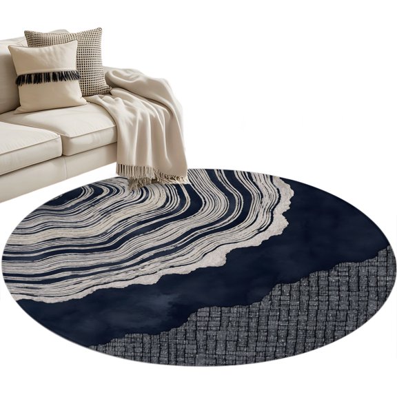 Abstract Organic Area Rug, Boho Navy Blue Gray Agate Slice Rings Coastal Round Non-Slip Absorbent Washable Area Rug Felt Rubber Backing Indoor Carpet for Bedroom Living Room 3ft