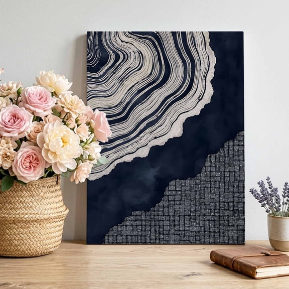 Abstract Organic Canvas Wall Art, Boho Navy Blue Gray Agate Slice Rings Coastal Framed Picture Canvas Wall Art Print Decor Artwork Decorations for Living Room Bedroom Ready to Hang 28" x 22"