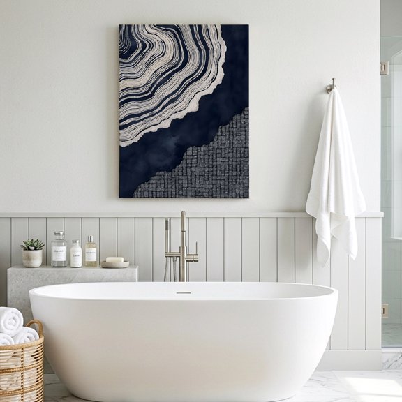 Abstract Organic Canvas Wall Art for Living Room Bedroom Bathroom, Boho Navy Blue Gray Agate Slice Rings Coastal Canvas Art Wall Decor, Artwork for Walls Home Office Decor, 24"x32"