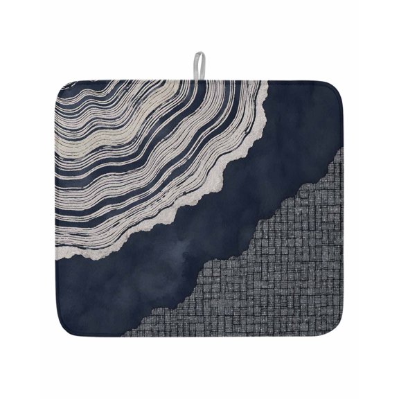 Abstract Organic Dish Drying Mat 16x18 inch Boho Navy Blue Gray Agate Slice Rings Coastal Super Absorbent Microfiber Dish Drying Pad for Kitchen Countertops Sink Dish Drainer Racks 1 Pack