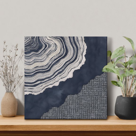 Abstract Organic Framed Canvas Wall Art, Boho Navy Blue Gray Agate Slice Rings Coastal Wall Art Painting for Living Room Bedroom Home Decor, 20”x20”, Office Artwork Print