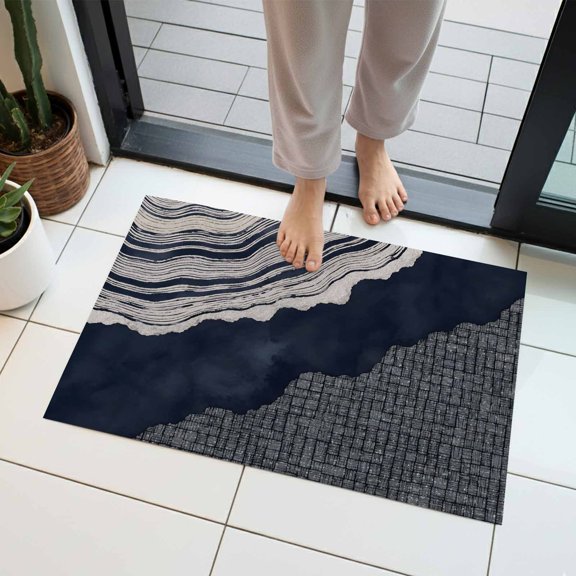 Abstract Organic Indoor Door Mat 20x31.5 Inch Boho Navy Blue Gray Agate Slice Rings Coastal Front Door Mat Non Slip Washable Entryway Rug Low Profile Dirt Trapper Doormat for Bathroom Kitchen Bedroom