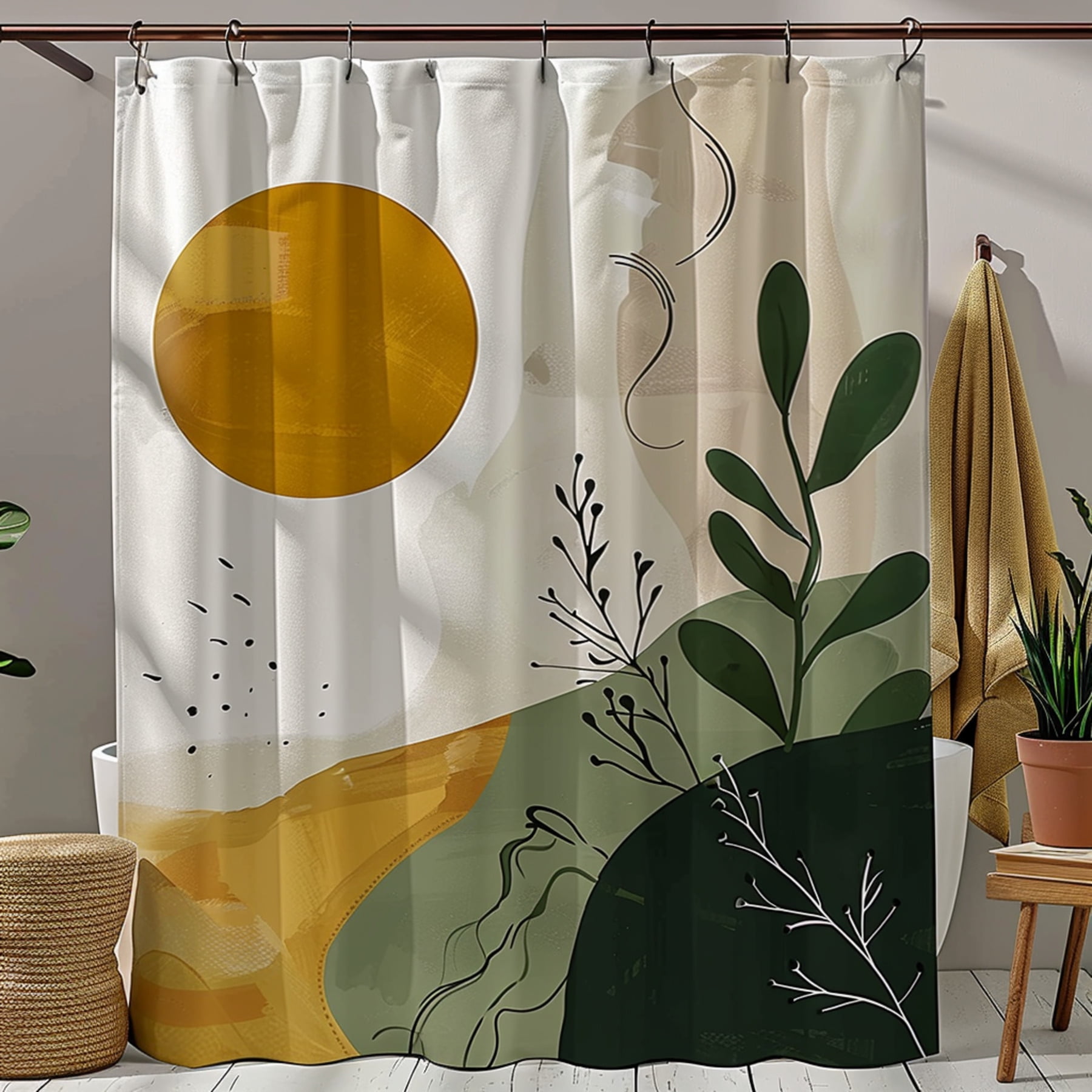 Abstract Organic Shapes Shower Curtain with Green Yellow Beige Colors