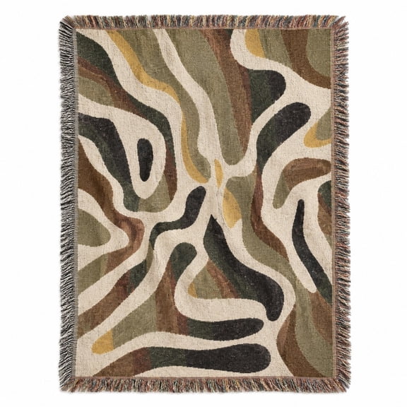 Abstract Organic Waves Cream, Black, Brown and Olive Woven Throw Blanket, Cotton with Fringed Edges, Modern Decor for Living Room