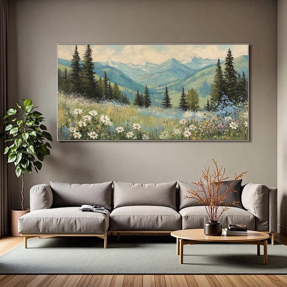 Abstract Original Wildflowers Landscape Oil Painting On Canvas,Large Wall Art,Green Pine Mountain Scenery Painting,Living Room Spring Décor 16x24 UNFRAMED