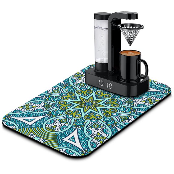 Abstract Ornamental Coffee Bar Mat - Non-Slip Drying Mat for Coffee Machine with Ethnic Inspired Symmetry