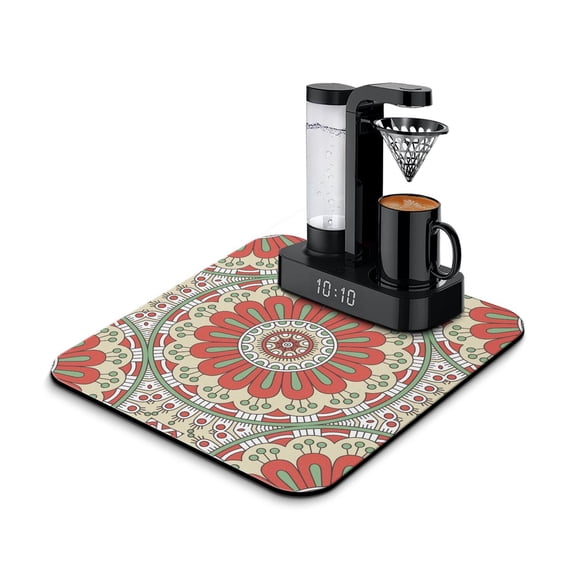 Abstract Ornamental Coffee Maker Mat - 4-Layer Drying Mat with Artistic Floral Mandala Pattern