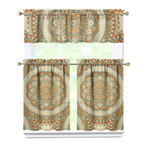 Abstract Ornamental Mandala Curtains Set - 3 Pcs Ethnic Inspired Symmetrical Design, Valance + Tier Panels, Caf Style