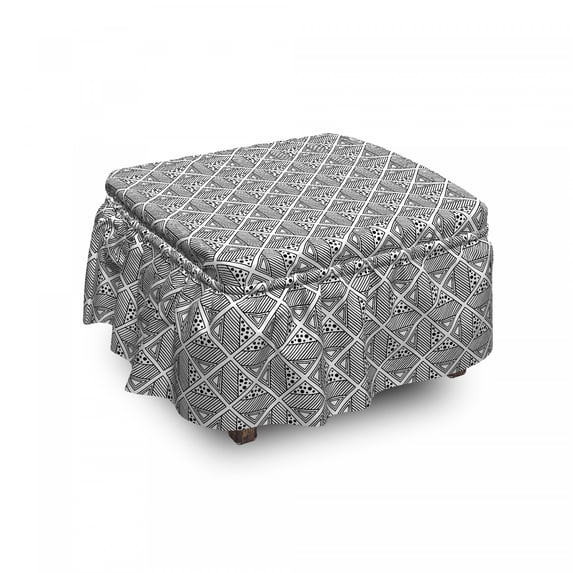 Abstract Ottoman Cover, Boho Geometric Squares, 2 Piece Slipcover Set with Ruffle Skirt for Square Round Cube Footstool Decorative Home Accent, Standard Size, Charcoal Grey White, by Ambesonne