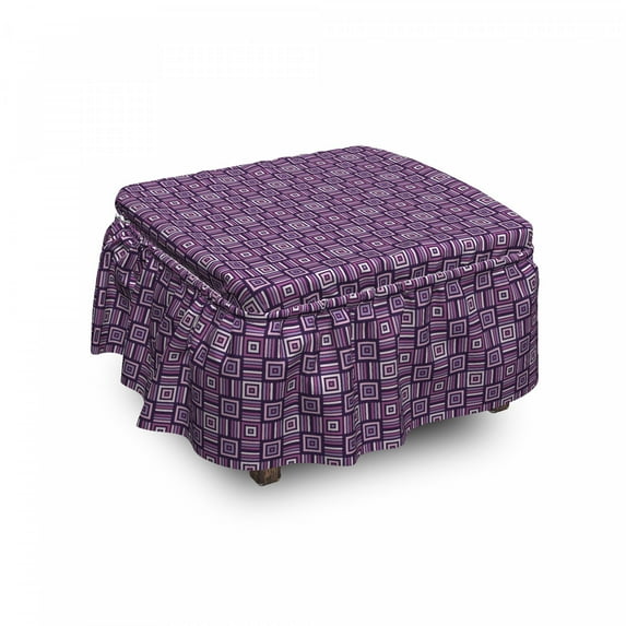 Abstract Ottoman Cover, Geometric Modern Squares, 2 Piece Slipcover Set with Ruffle Skirt for Square Round Cube Footstool Decorative Home Accent, Standard Size, Purple and Plum, by Ambesonne