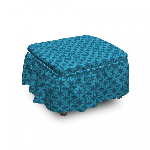 Abstract Ottoman Cover, Monochrome Array, 2 Piece Slipcover Set with Ruffle Skirt for Square Round Cube Footstool Decorative Home Accent, Standard Size, Dark Turquoise Sea Blue, by Ambesonne