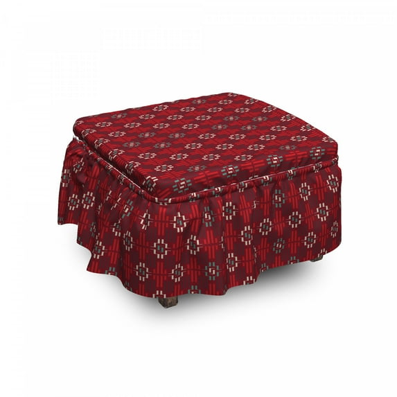 Abstract Ottoman Cover, Tribal Influences, 2 Piece Slipcover Set with Ruffle Skirt for Square Round Cube Footstool Decorative Home Accent, Standard Size, Ruby Teal, by Ambesonne
